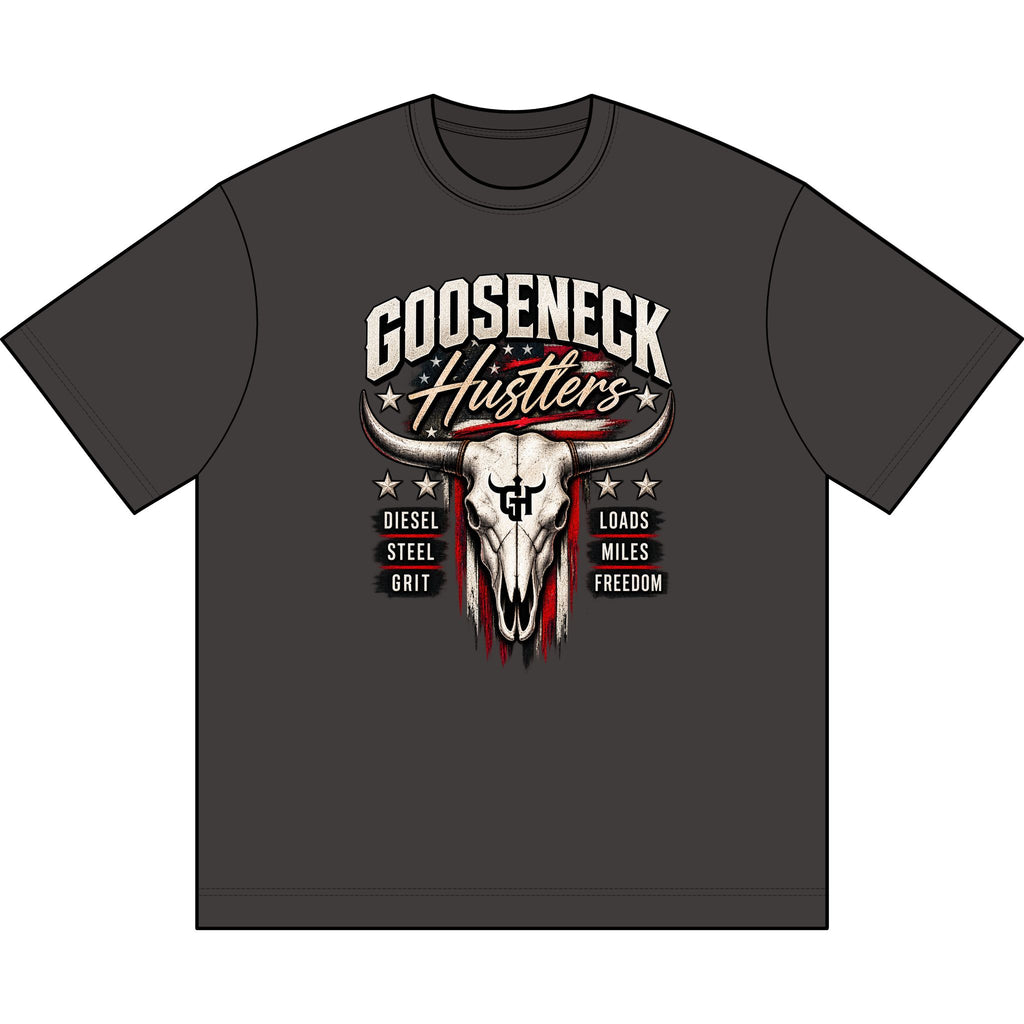 Gooseneck Hustlers Bull Skull graphic tee | Western trucking shirt