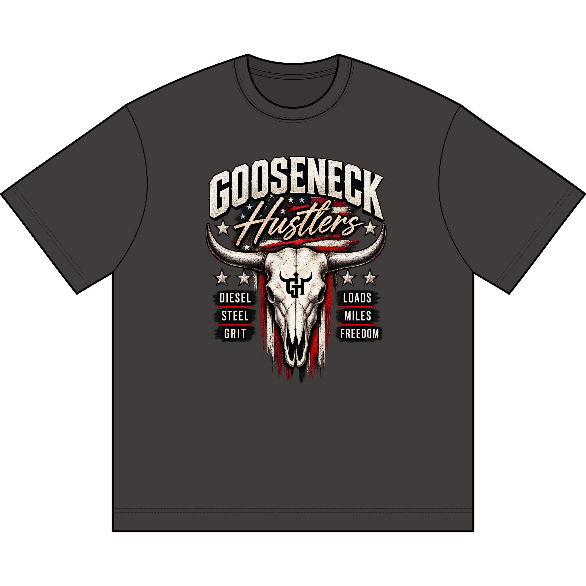 Gooseneck Hustlers Bull Skull graphic tee | Western trucking shirt