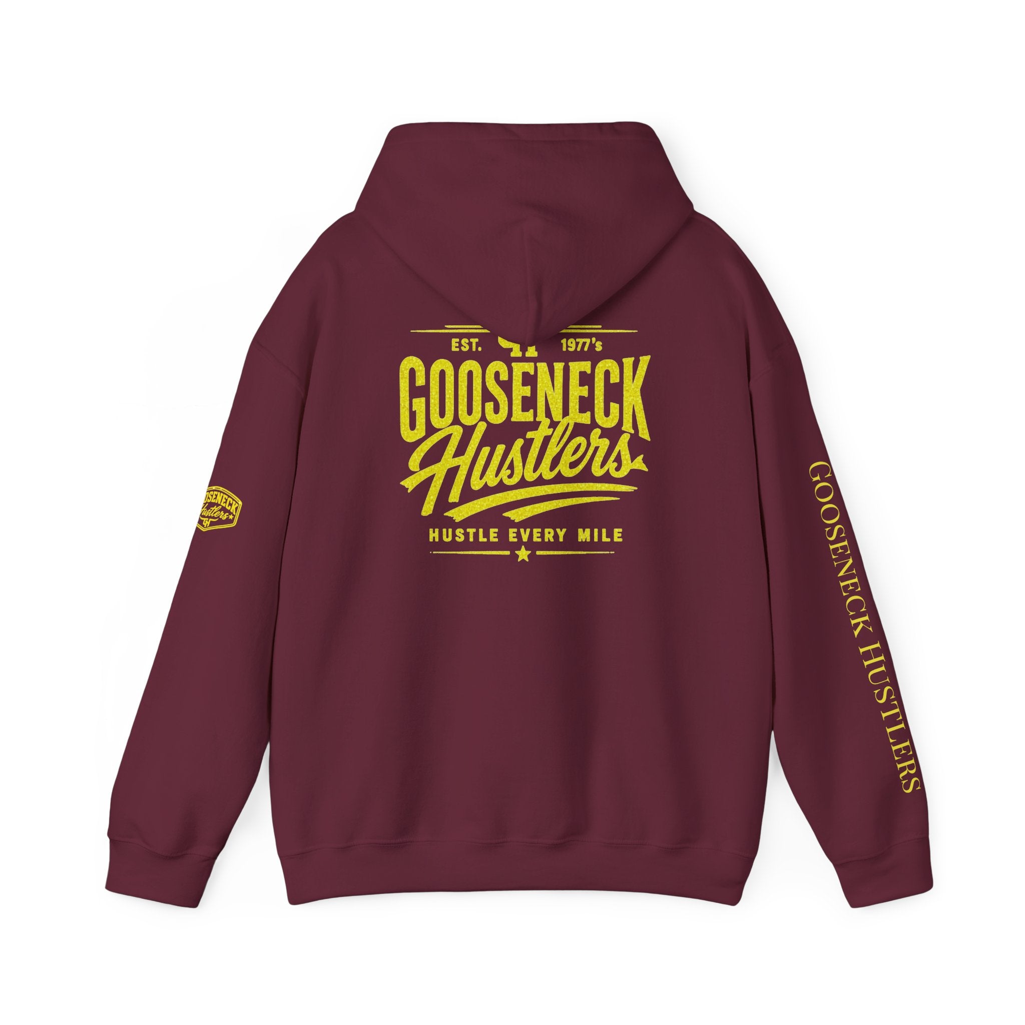 Gooseneck Hustlers Hoodie | Black Yellow Logo, Sleeve Text