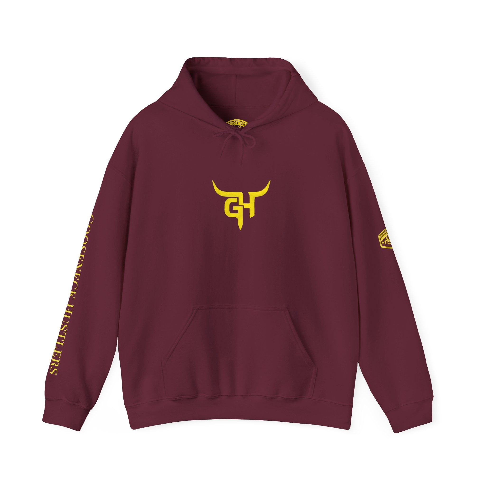 Gooseneck Hustlers Hoodie | Black Yellow Logo, Sleeve Text