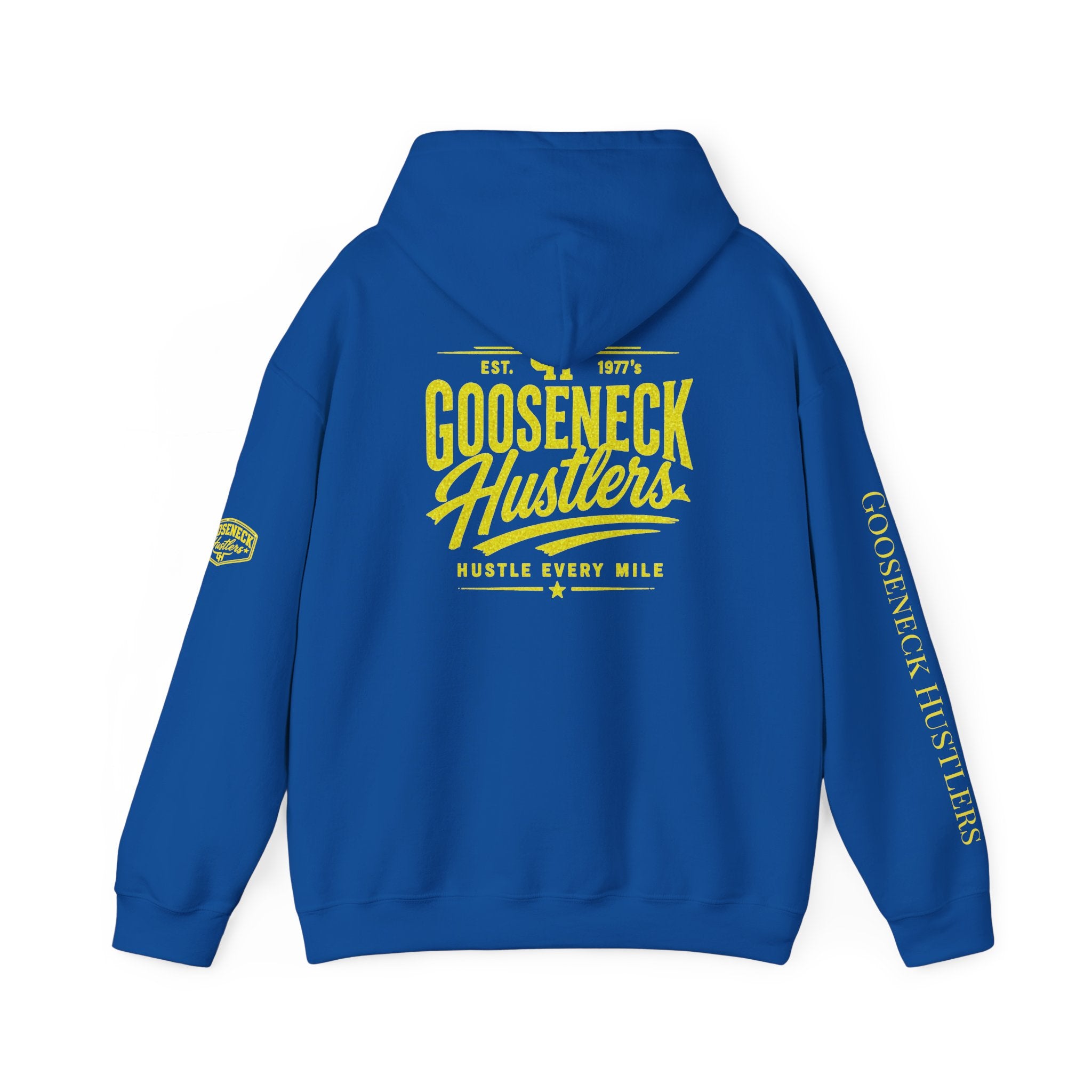 Gooseneck Hustlers Hoodie | Black Yellow Logo, Sleeve Text