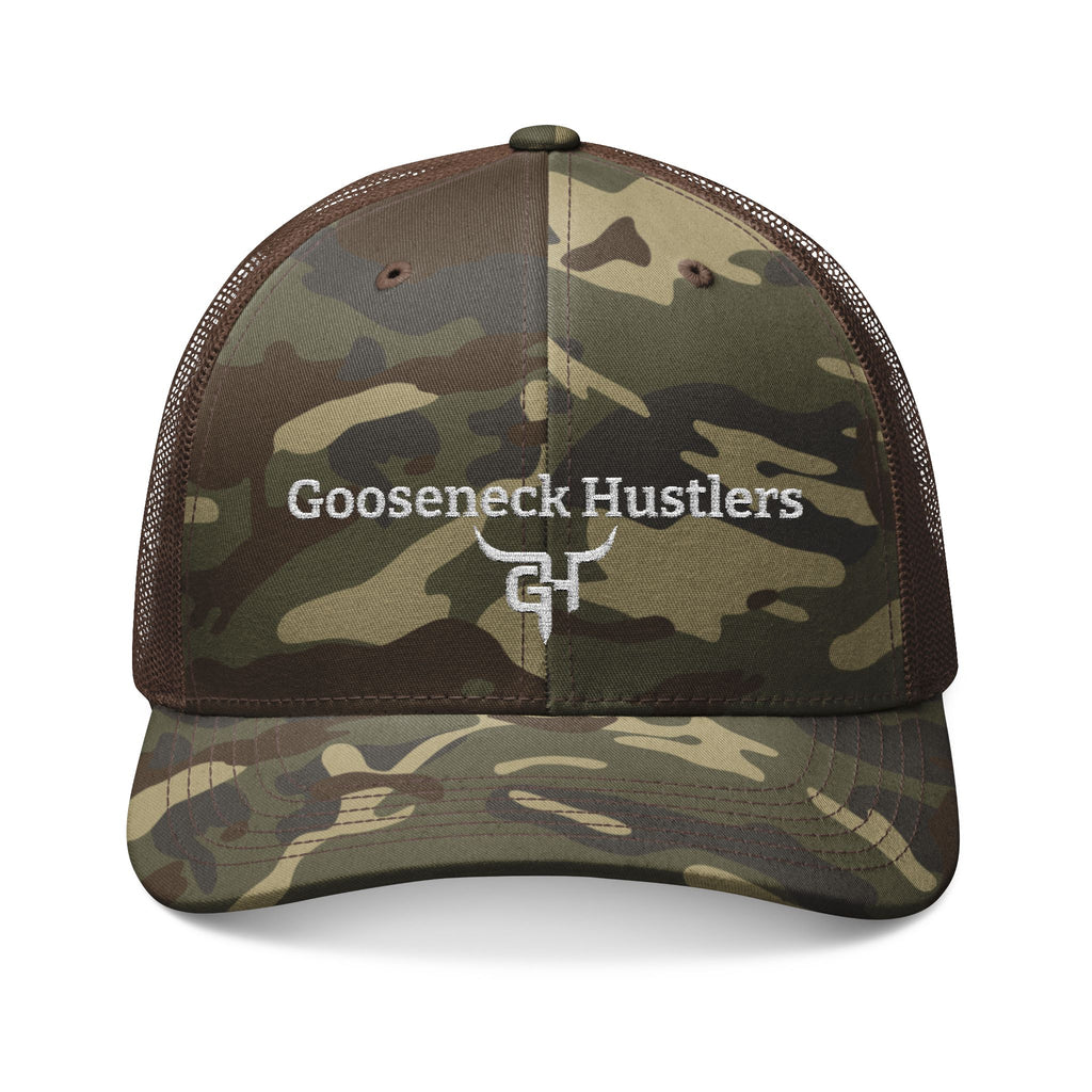 Gooseneck Hustlers logo Camouflage Trucker Hat | Embroidered Mesh Cap