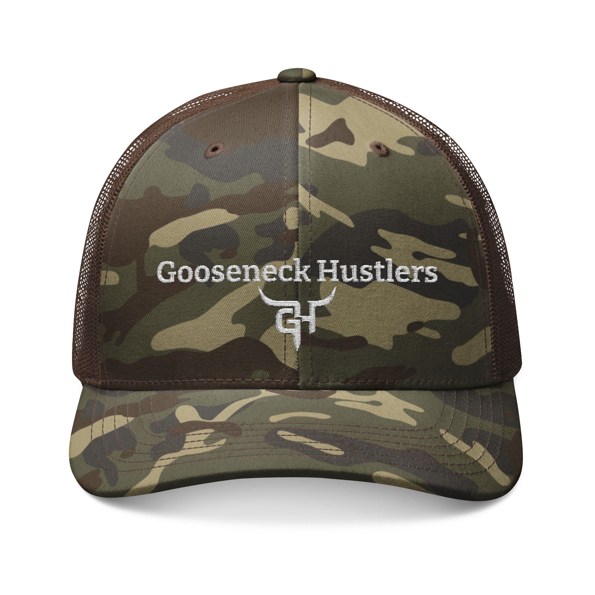 Gooseneck Hustlers logo Camouflage Trucker Hat | Embroidered Mesh Cap
