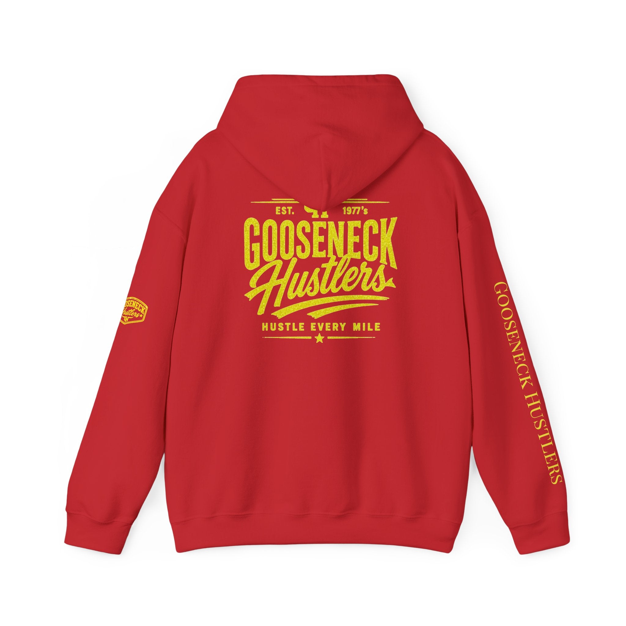 Gooseneck Hustlers Hoodie | Black Yellow Logo, Sleeve Text