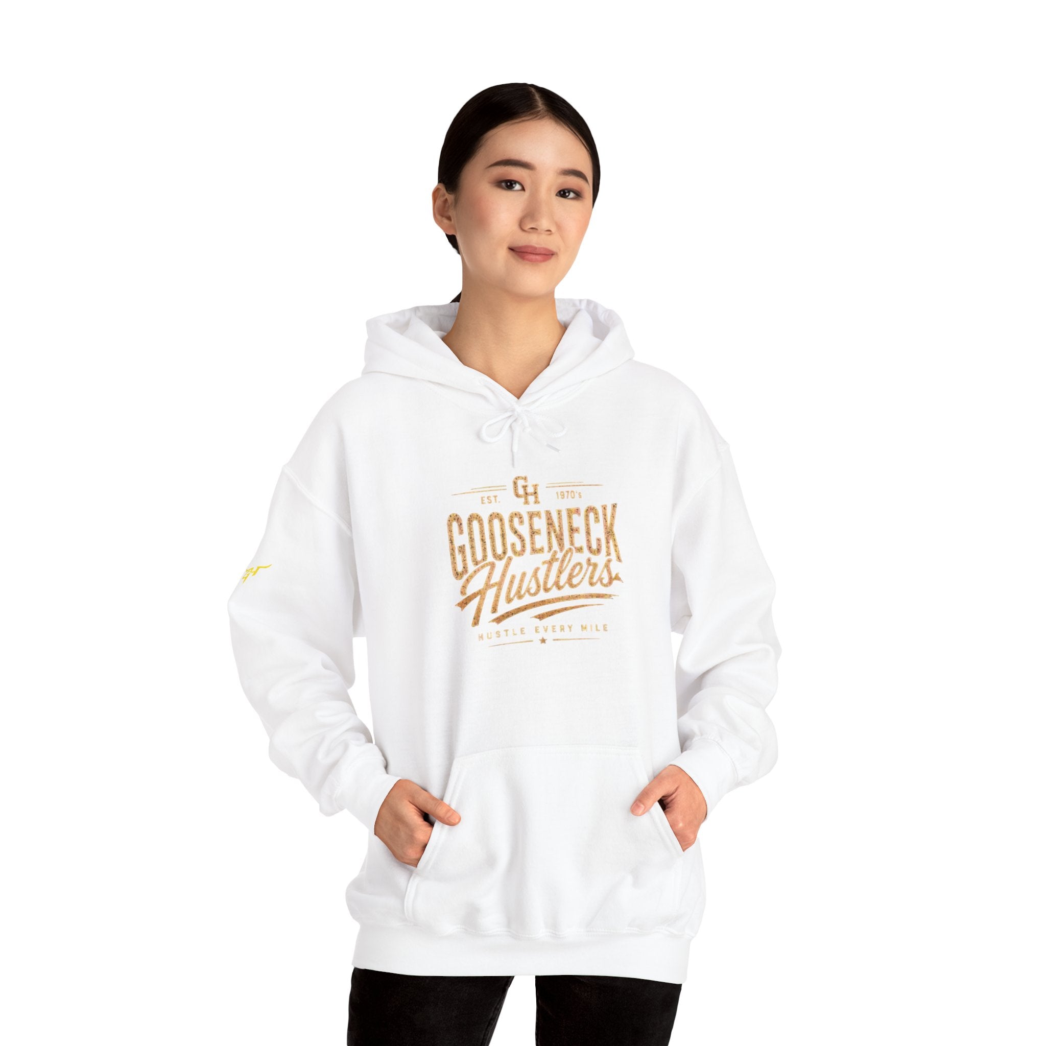 Gooseneck Hustlers Script Logo Hoodie | White Pullover Sweatshirt