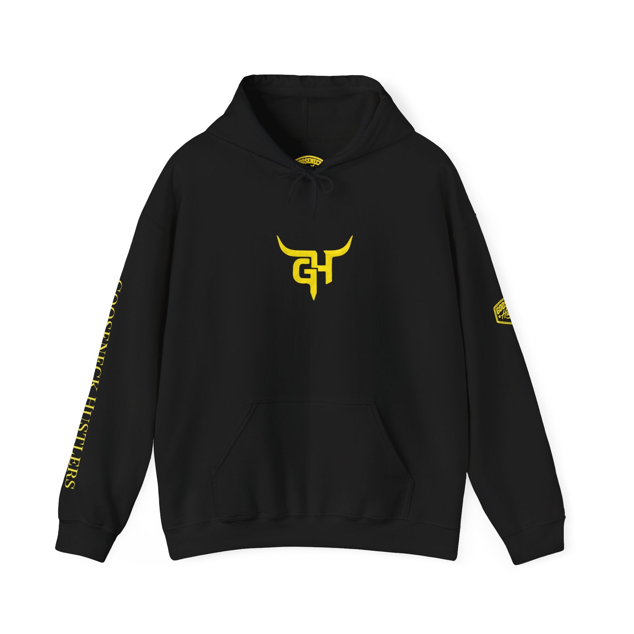 Gooseneck Hustlers Hoodie | Black Yellow Logo, Sleeve Text