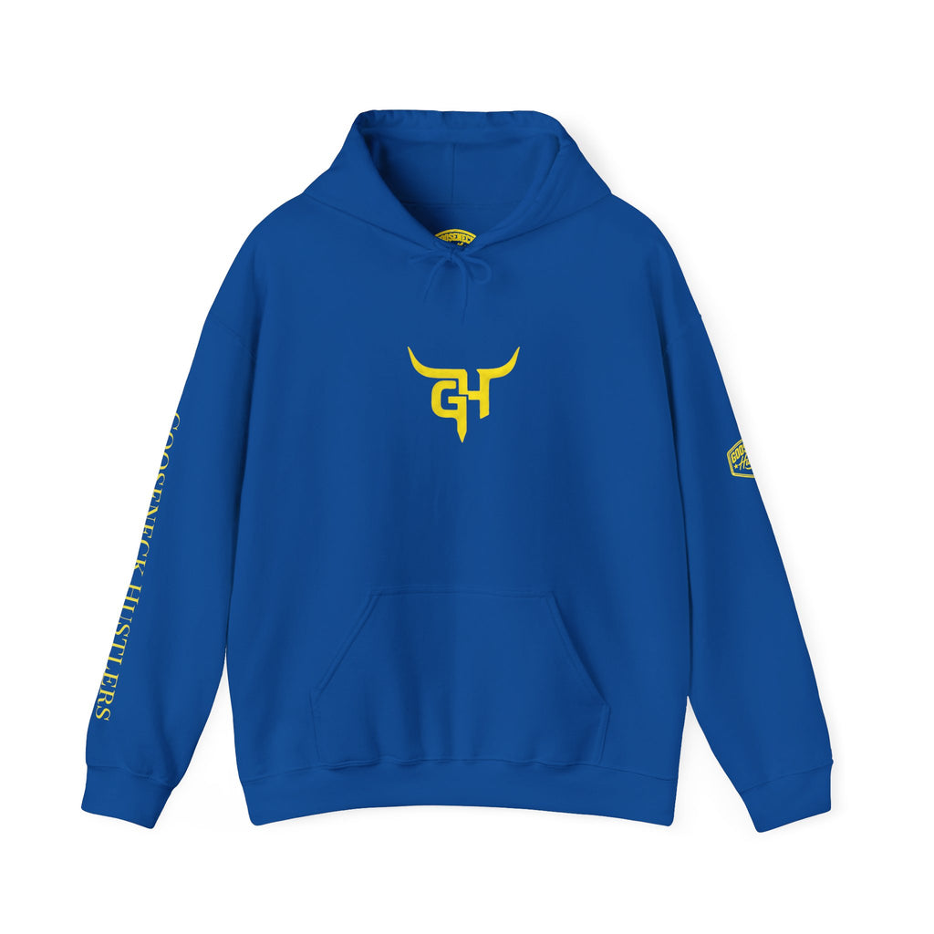 Gooseneck Hustlers Hoodie | Black Yellow Logo, Sleeve Text
