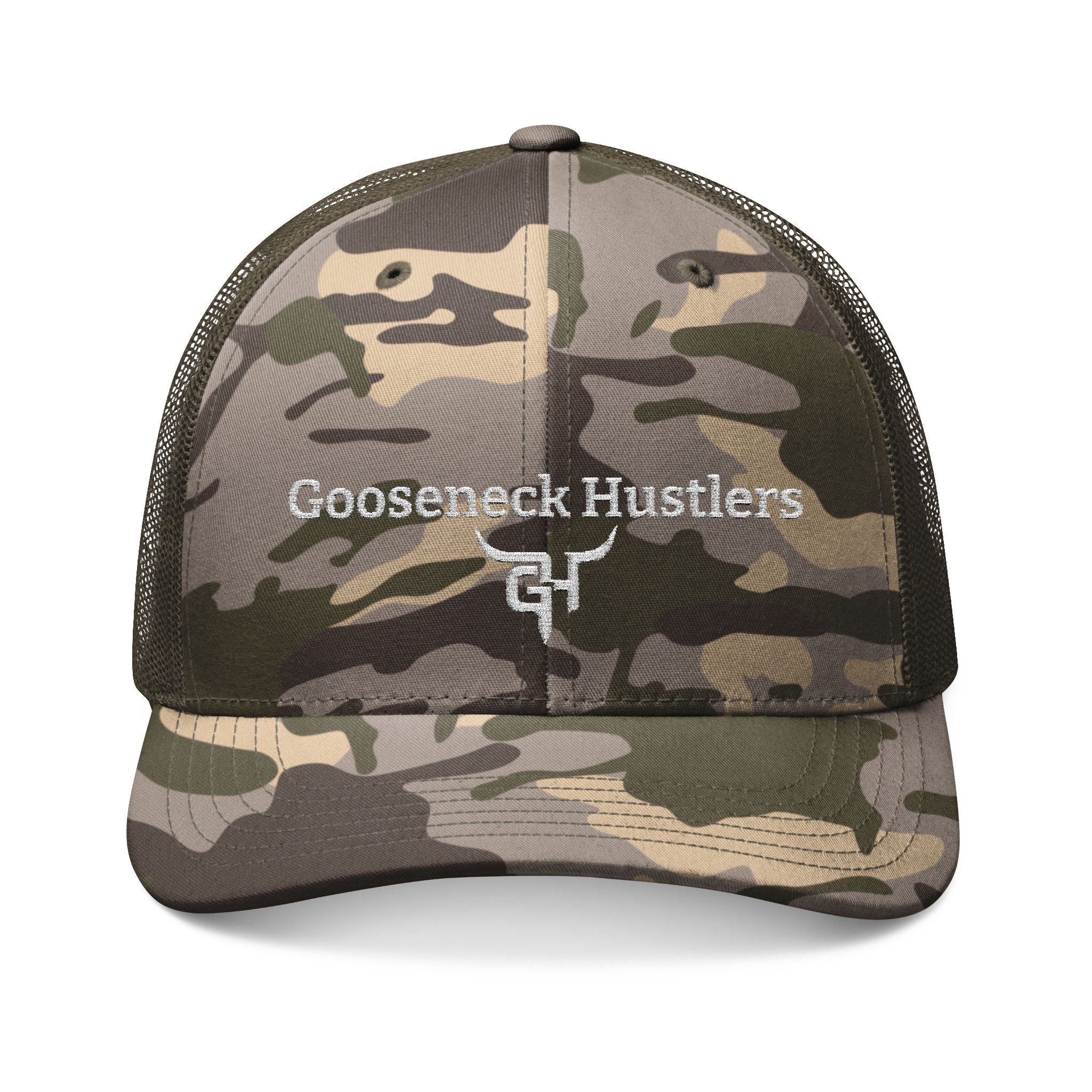 Gooseneck Hustlers logo Camouflage Trucker Hat | Embroidered Mesh Cap