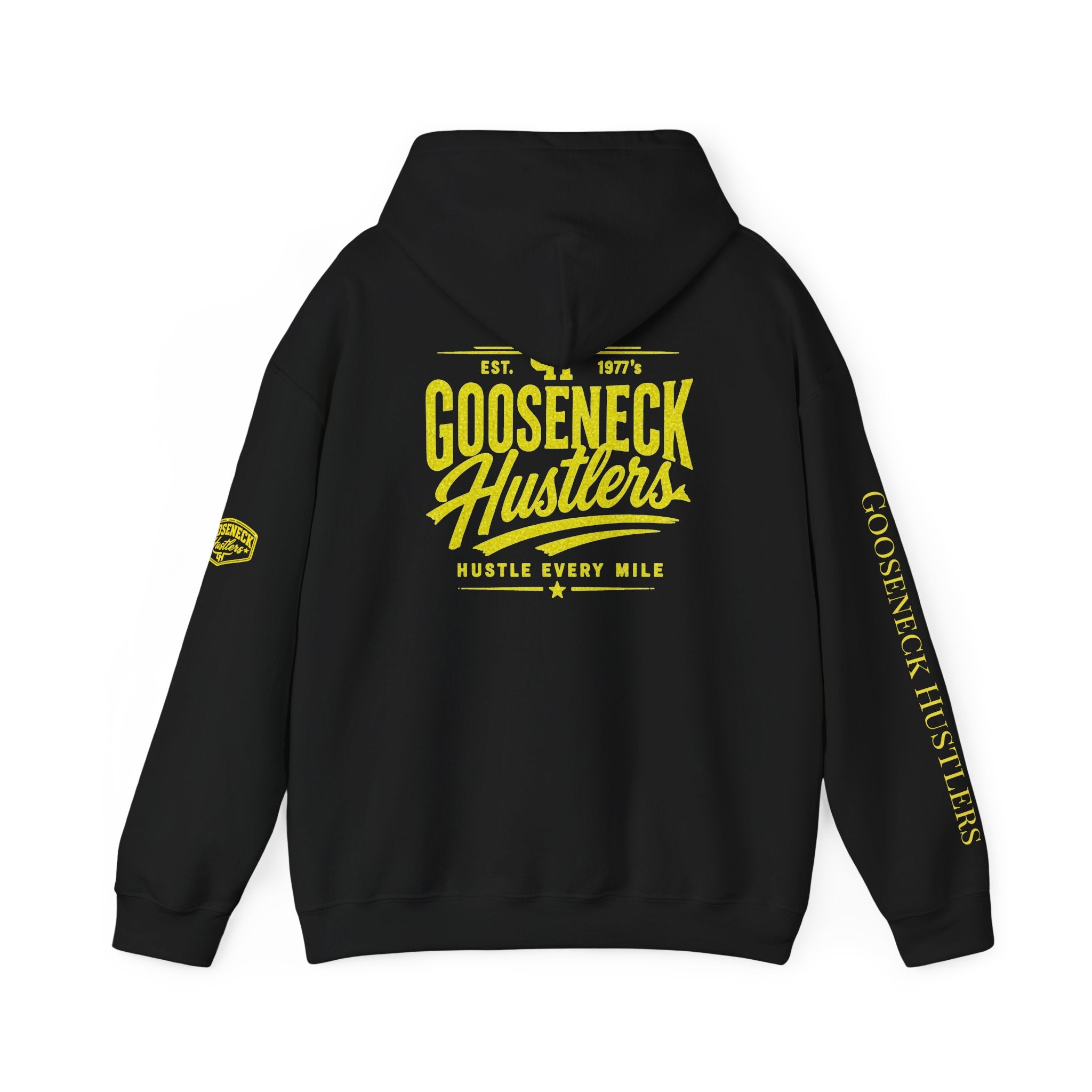 Gooseneck Hustlers Hoodie | Black Yellow Logo, Sleeve Text