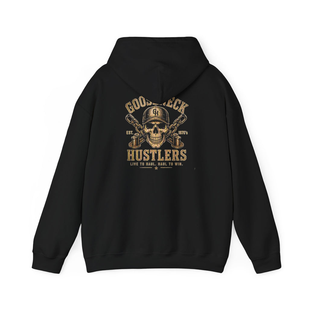 Good Luck Hustlers Skull Hoodie | Crossed Baseball Bats Vintage Logo