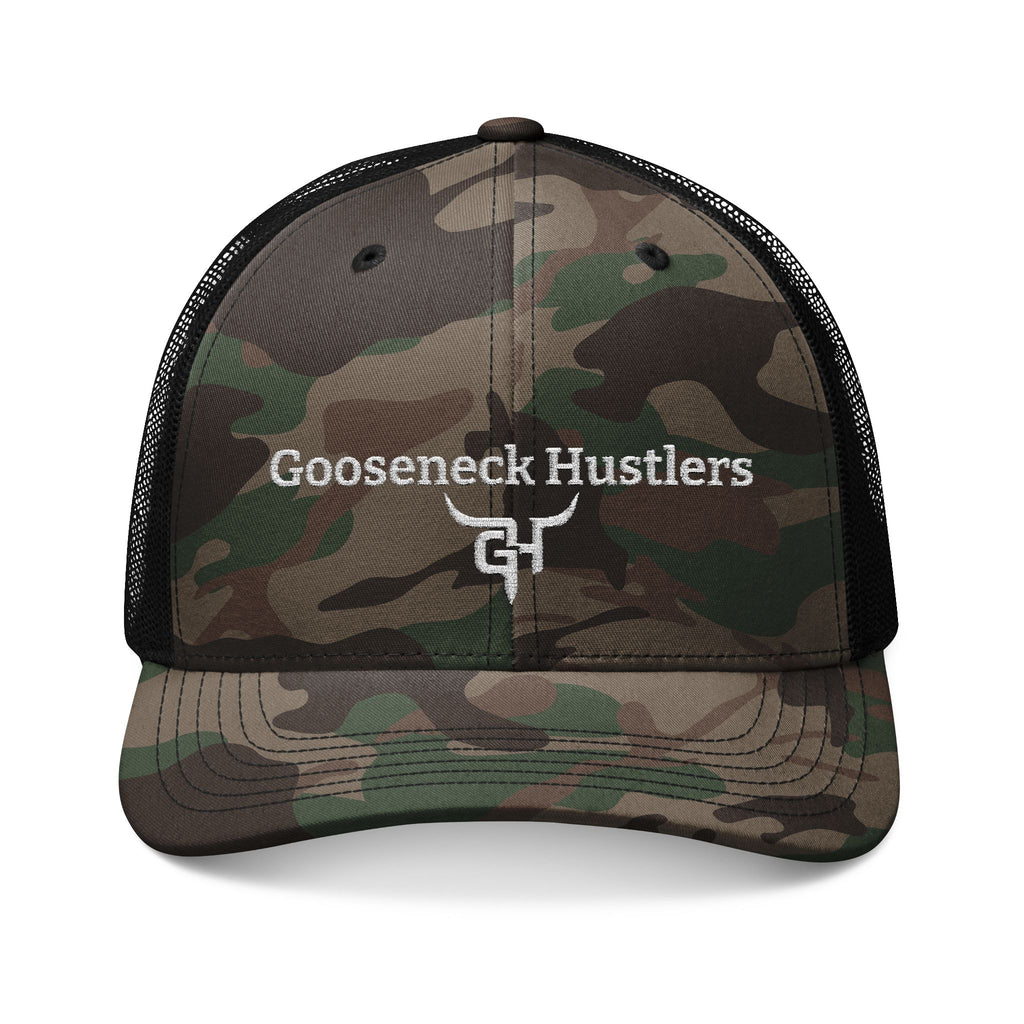 Gooseneck Hustlers logo Camouflage Trucker Hat | Embroidered Mesh Cap