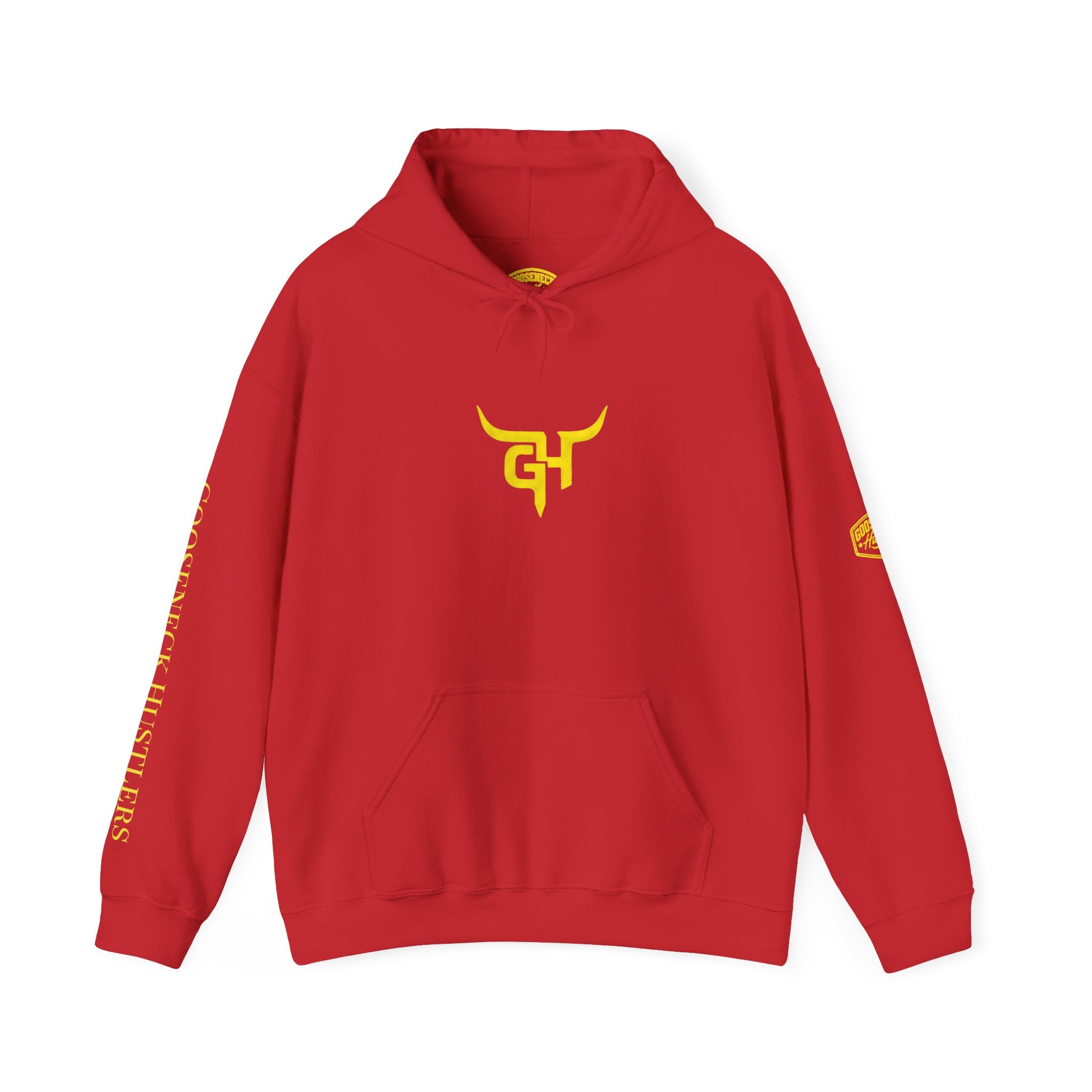 Gooseneck Hustlers Hoodie | Black Yellow Logo, Sleeve Text